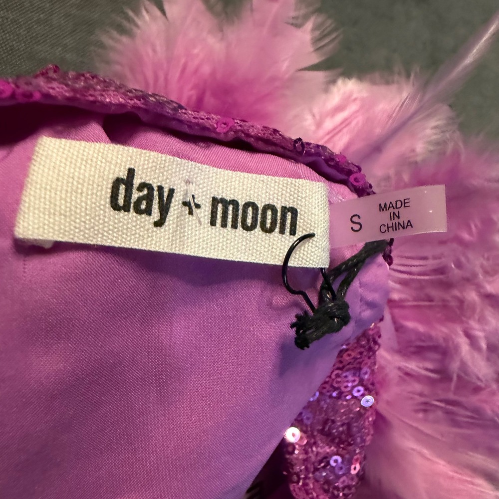 Day + Moon Purple Sequin Feather Trim Crop Top Halter Tie V-Back Party Tank - Picture 6 of 6